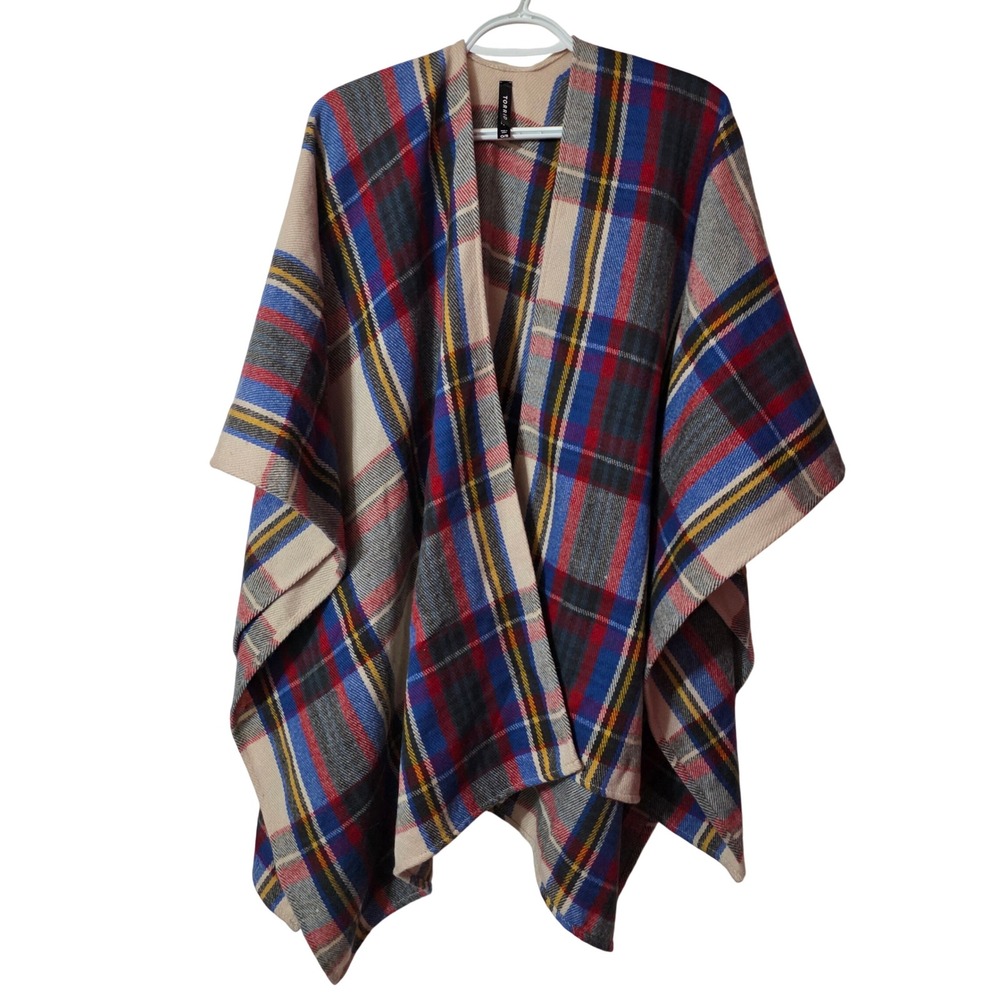 Torrid Women O/S Poncho Multicolor Plaid Open Front Wrap Ruana Layering Shawl
